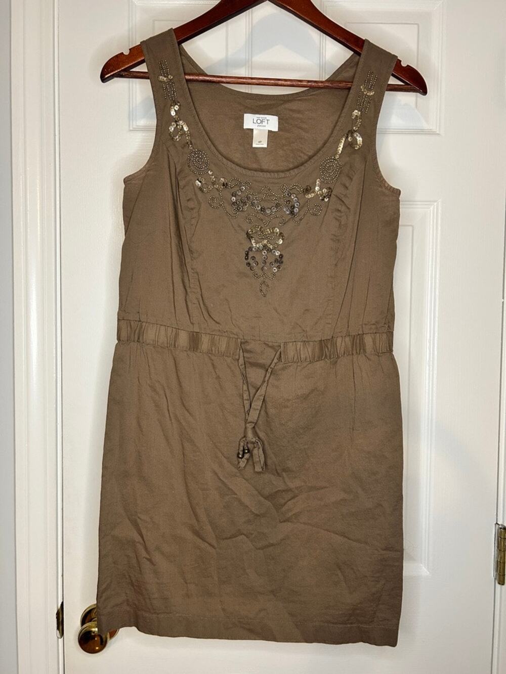 LOFT Petites 4P Taupe Beaded Sequin Embellished Shift Mini Dress